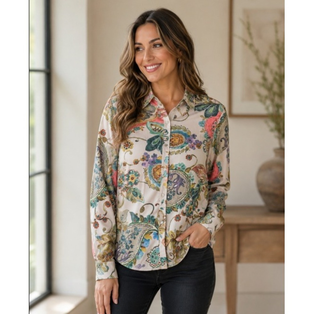 Cherybetty Paisley Floral Button Down Shirt Large Multicolor Boho Coastal Top